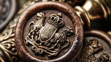A vintage wax seal imprinted with a bold emblem of a lion and a crown evoking images of wealth and importance in the old money world photo