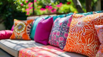 A playful and vibrant outdoor oasis with a mix of colorful and patterned cushions tered on the seating creating a cozy and lively atmosphere photo