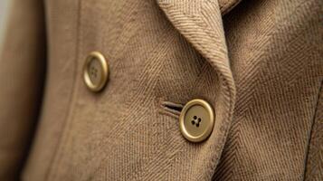 A sophisticated camel blazer with gold buttons and a structured fit made from a luxurious cashmere blend photo