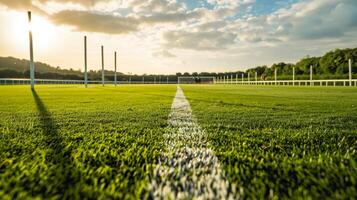 A pristine polo field meticulously maintained with freshly painted white goalposts and perfectly trimmed grass waiting for the match to begin photo