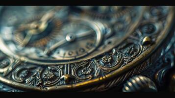 A shallow depth of field shot of an od antique watch highlighting the delicate engravings and patterns etched into its metal casing photo