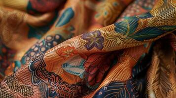 A warm earthtoned silk scarf with a floral patchwork design capturing the eclectic and freespirited essence of 1970s fashion and the bohemian lifestyle photo