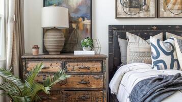 A combination of old and new decor such as a vintage chest of drawers paired with modern artwork creates a timeless yet eclectic look in a bedroom photo