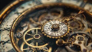 An upclose view of an antique fob watch revealing the intricate inner workings and precise movements of the gears photo