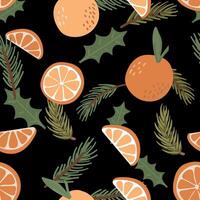 Seamless pattern with oranges and fir branches. illustration in bright colors. vector