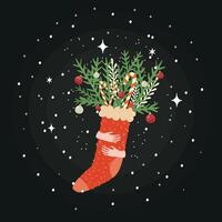 Christmas sock with fir brunches and hands. Template for new years design vector