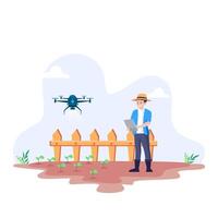 Farm concept, Young man operating technology for watering plants while using tablet smartphone vector