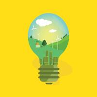 Symbol of Green Energy, Light Bulb, Modern Building, and Windmill in a Meadow vector