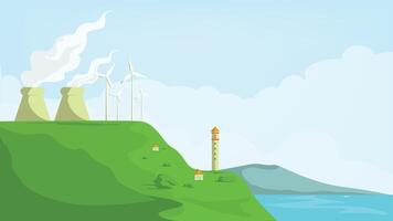 Harmony of Nature and Technology. windmill farm in the hill .renewable energy design concept vector