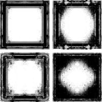 four black and white grunge frames with a square in the middle, four square frames with grunge texture , vector
