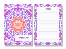 Notebook template with mandala pattern. For scrapbooking, greeting cards, invitations. Bright vibrant kaleidoscope, with purple and orange colors. Interlocking shapes design. vector