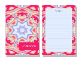 Notebook cover and notepad design with bright vibrant kaleidoscope. Magenta, yellow and blue. Visual interest, ethnic bold tapestry. Artistic notebook for school. Bright star motif. Interlocking shape vector