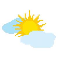 Retro game aesthetic. Sun peeking behind clouds. Early game vibes.Pixelated sun with jagged rays. Bright yellow sun with retro design. Light blue pixelated clouds. Simple nostalgic style. vector