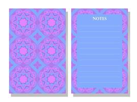 Notebook with decorative cover. Repeating geometric pattern. Light blue background with dark blue and purple accents. Interconnected intricate shapes. Traditional textile-inspired design. vector