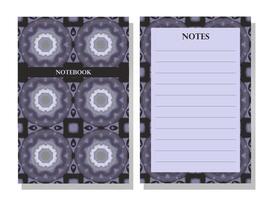 Notebook cover and notepad design template with repeating seamless kaleidoscope abstract pattern. Muted grey and purple color. Traditional textile-inspired style. Visually striking and bold. vector