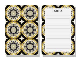 Notebook with decorative cover. Repeating seamless geometric pattern stationery. Black, gold, silver notebook. Modern and elegant style. Lined page for note-taking. Functional and visually appealing. vector