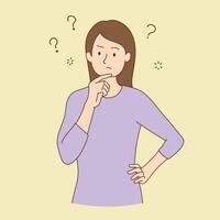 Thinking woman feeling confused with question mark looking up with thoughtful focused expression concept illustration vector