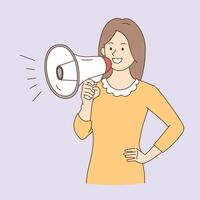 Woman with megaphone in retro style isolated background. vector