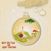 Illustration of the New Year and Christmas A snake wraps around a candle in a Christmas tree ball hanging on a branch vector