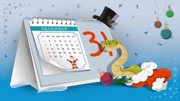 Illustration of the New Year and Christmas A snake crawls out of Santas hat on a calendar background vector