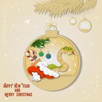 Illustration of the New Year and Christmas A snake crawls out of Santas hat in a Christmas tree ball hanging on a branch vector