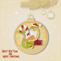 Illustration of the New Year and Christmas A snake wraps around a candy in a Christmas tree ball hanging on a branch vector