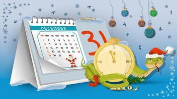 Illustration of the New Year and Christmas A snake wraps around a clock on a calendar background vector