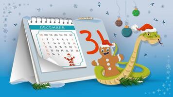 Illustration of the New Year and Christmas A snake wraps around a gingerbread man on a calendar background vector
