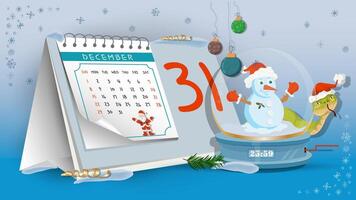 Illustration of the New Year and Christmas A glass ball with a snowman inside on a calendar background vector