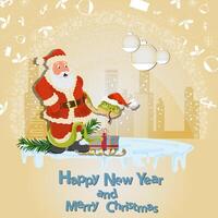 Illustration of the New Year and Christmas A snake wraps around Santa in a circle of snowflakes and a city in the background vector