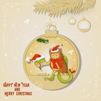 Illustration of the New Year and Christmas a snake and an owl bird in a Christmas tree ball hanging on a branch vector