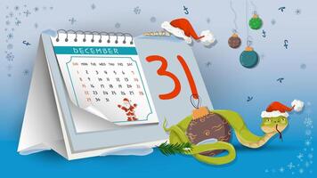 Illustration of the New Year and Christmas A snake wraps around a toy for a fir tree on a calendar background vector