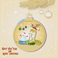 Illustration of the New Year and Christmas A snake with a glass ball in a Christmas tree ball hanging on a branch vector
