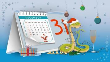 Illustration of the New Year and Christmas a snake wrapped in garlands on a calendar background vector