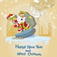 Illustration of the New Year and Christmas a snake and Santa on a snowboard in a circle of snowflakes and a city in the background vector