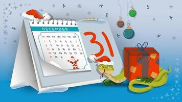Illustration of the New Year and Christmas A snake wraps around a gift box on a calendar background vector