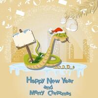 Illustration of the New Year and Christmas a snake next to a wooden plaque in a circle of snowflakes and a city in the background vector