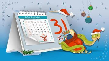 Illustration of the New Year and Christmas A snake wraps around a bag of gifts on a calendar background vector