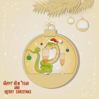 Illustration of the New Year and Christmas A snake wraps around a glass with a drink in a Christmas tree ball hanging on a branch vector