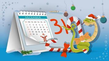 Illustration of the New Year and Christmas A snake wraps around a festive candy on a calendar background vector