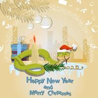 Illustration of the New Year and Christmas A snake wraps around a candle in a circle of snowflakes and a city in the background vector