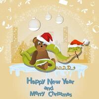 Illustration of the New Year and Christmas A snake wraps around a bear toy in a circle of snowflakes and a city in the background vector