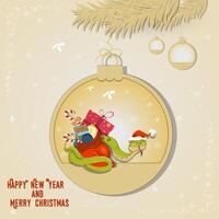 Illustration of the New Year and Christmas A snake wraps around a bag of gifts in a Christmas tree ball hanging on a branch vector