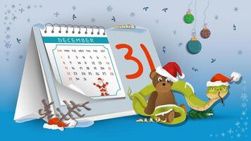Illustration of the New Year and Christmas A snake wraps around a bear toy on a calendar background vector