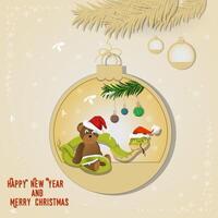 Illustration of the New Year and Christmas A snake wraps around a bear toy in a Christmas tree ball hanging on a branch vector