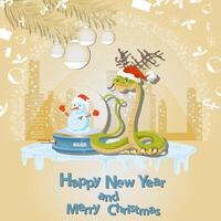 Illustration of the New Year and Christmas a snake Next to a glass ball in a circle of snowflakes and a city in the background vector