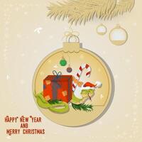 Illustration of the New Year and Christmas A snake wraps around a gift box in a Christmas tree ball hanging on a branch vector