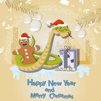Illustration of the New Year and Christmas A snake Wraps around a gingerbread man in a circle of snowflakes and a city in the background vector