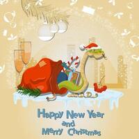 Illustration of the New Year and Christmas A snake wraps around a bag of gifts in a circle of snowflakes and a city in the background vector