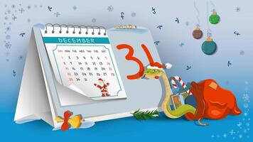 Illustration of the New Year and Christmas A snake crawls out of a bag of gifts on a calendar background vector